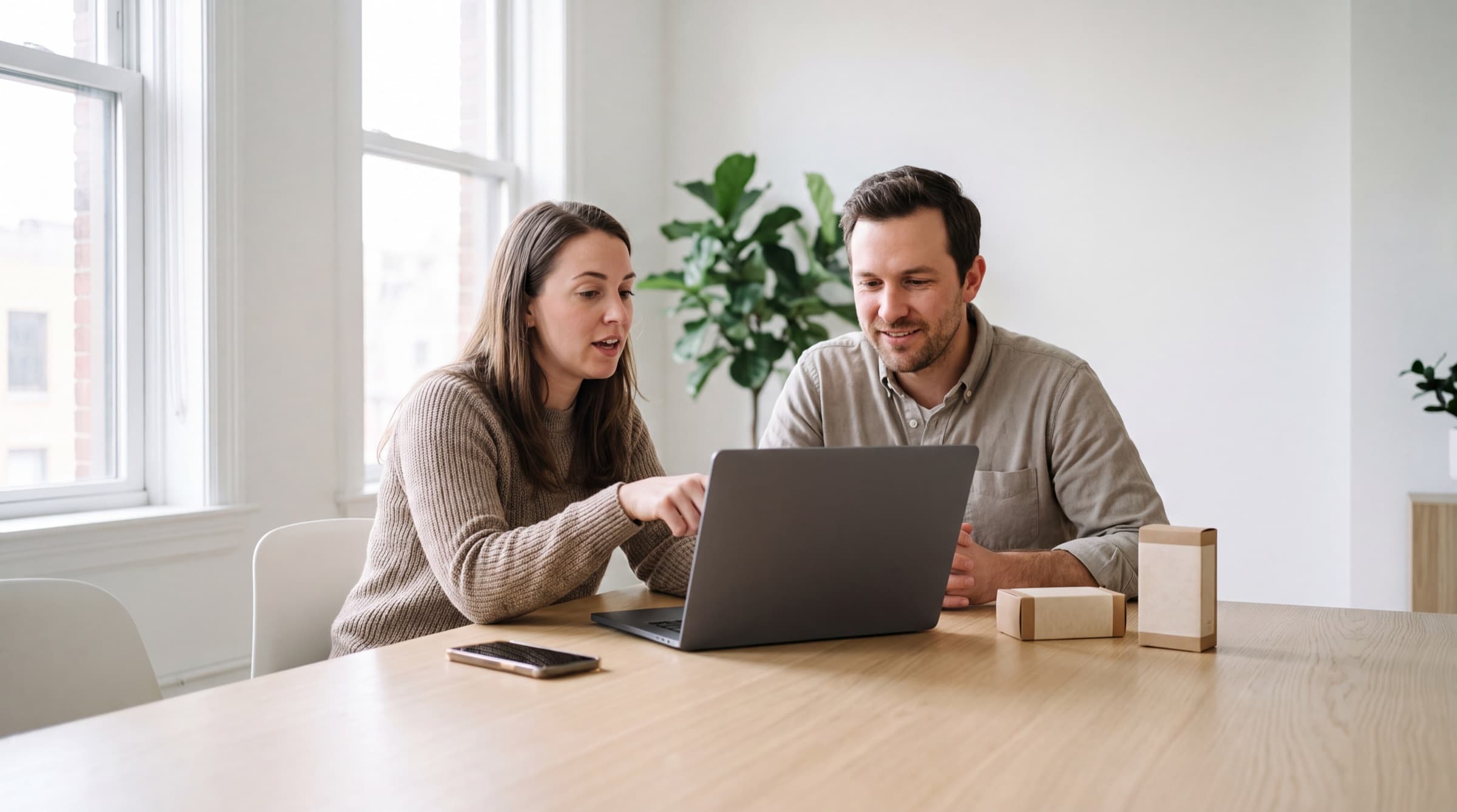 Two colleagues reviewing a laptop together at an oak table