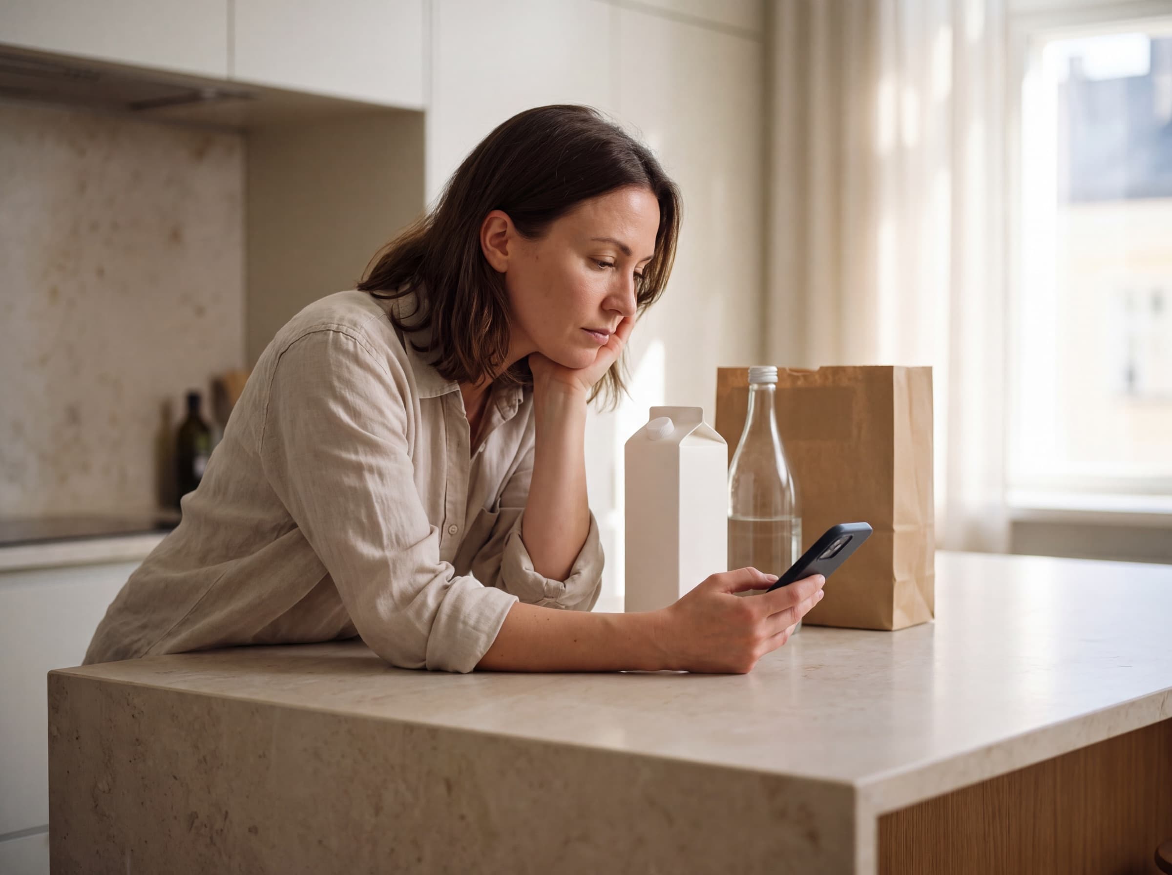 Woman at a kitchen island with her phone in hand, thinking, beside a plain carton, a glass carafe and a kraft bag