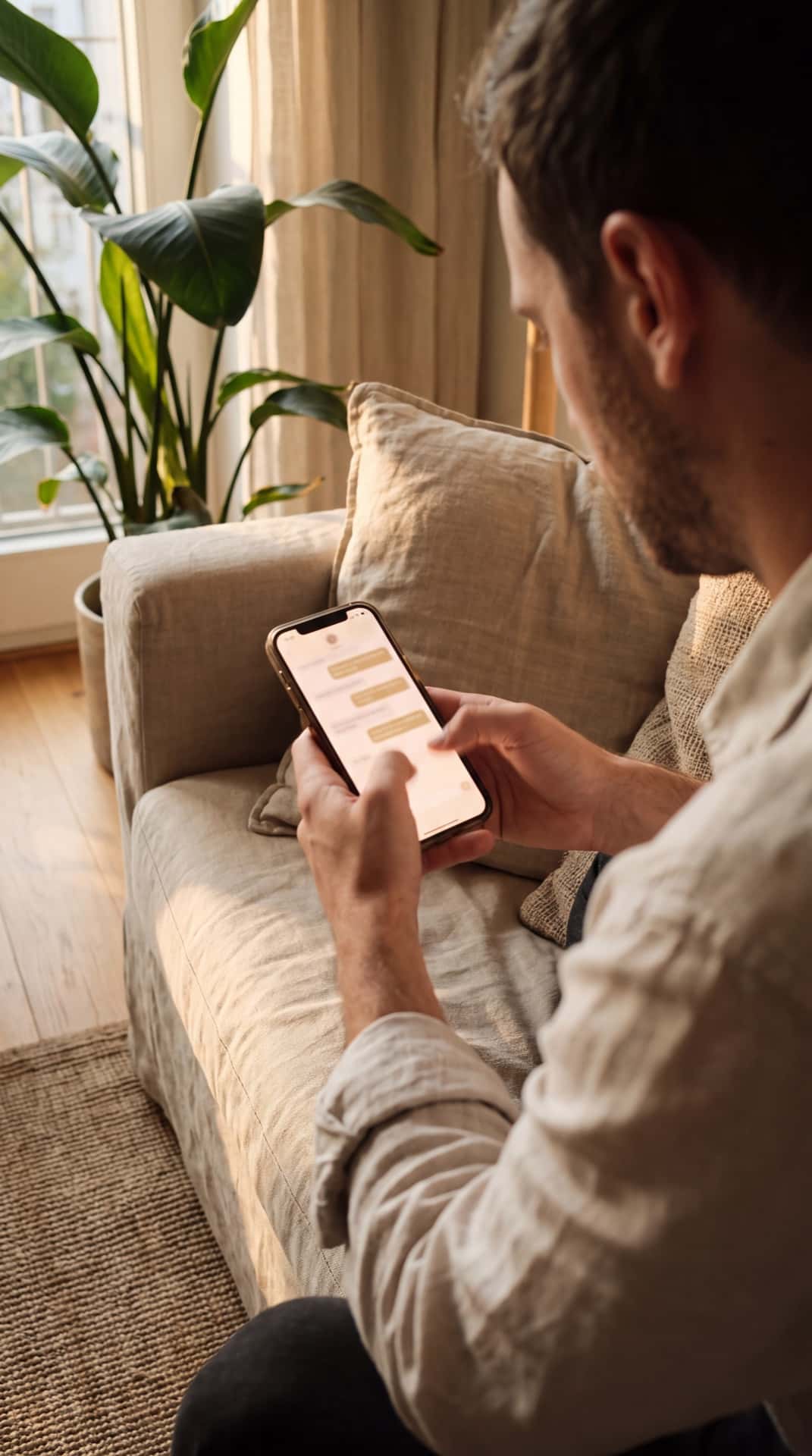 Man on a sofa typing a question into his phone