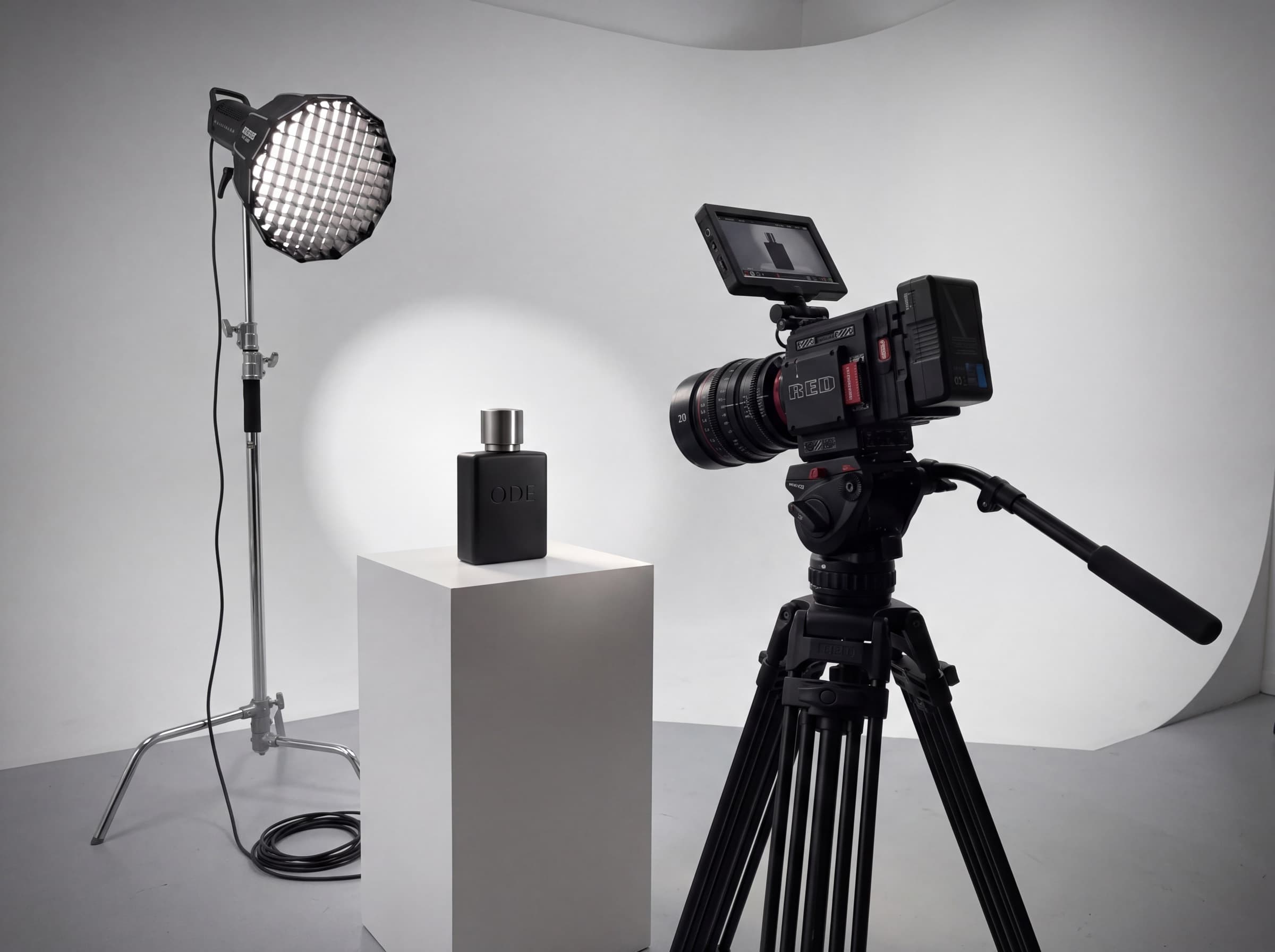 RED Komodo on a tripod in a white studio pointed at an ODE fragrance bottle on a plinth