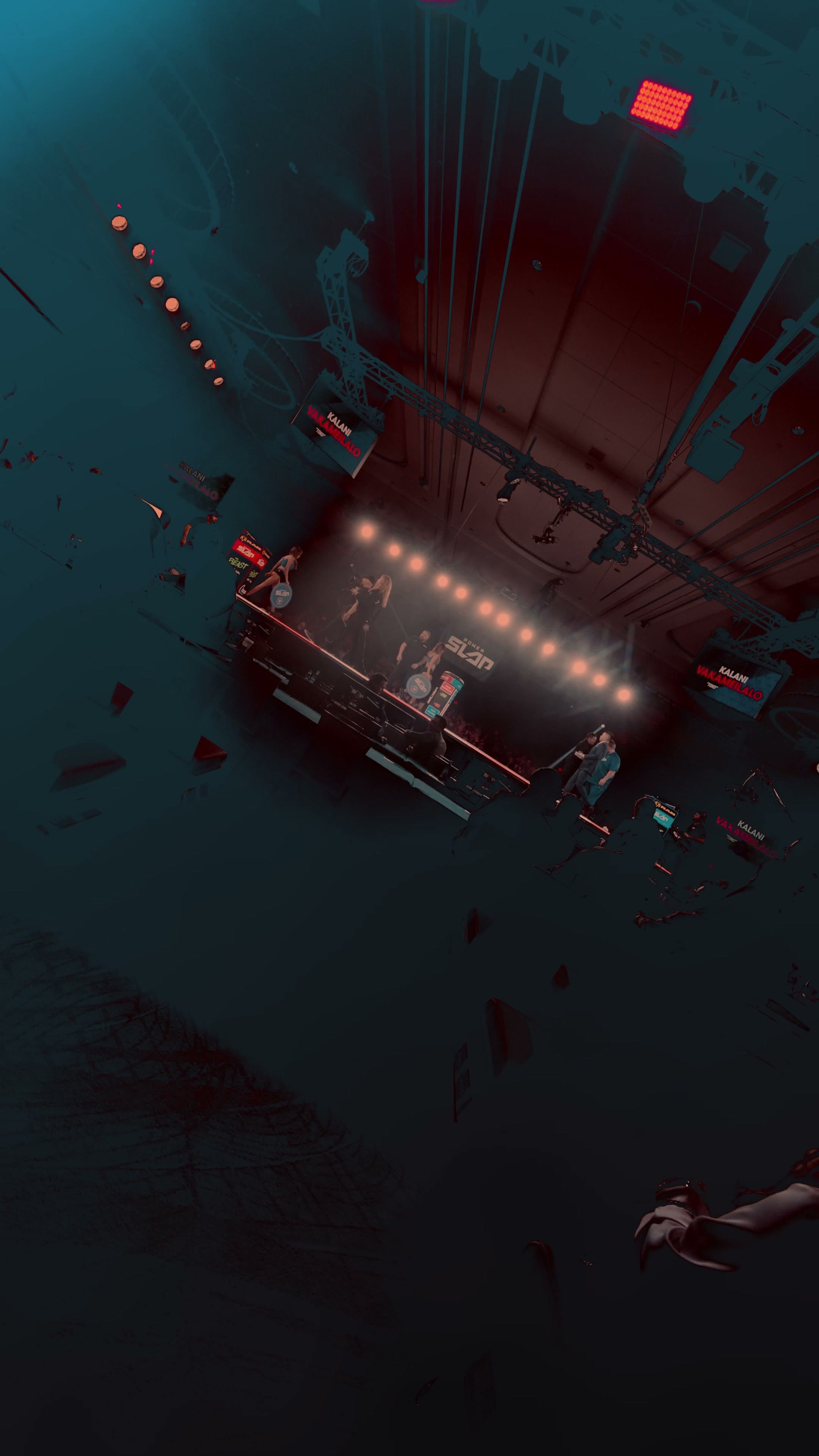 Overhead view of the lit stage at the Walkout event